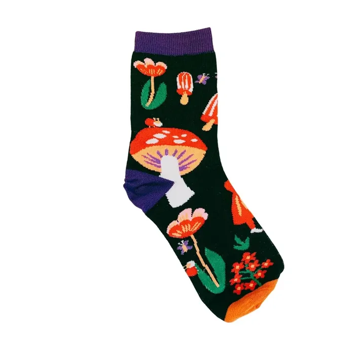 Amanita Trippy Mushroom Black Cotton Crew Socks Dark Botanical Aesthetic Poisonous Mushroom