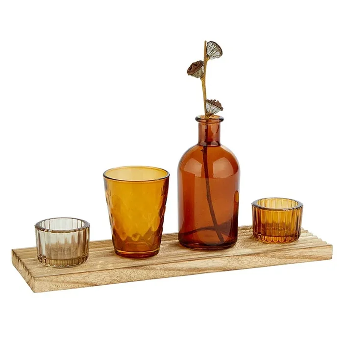 Amber Candle Garden Set Glass Bottle Vase & Votive Candleholders with Wooden Tray