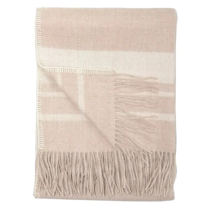 Andes Stripes Blanket Stitch on Sides Baby Alpaca Throw (Tan & Cream)