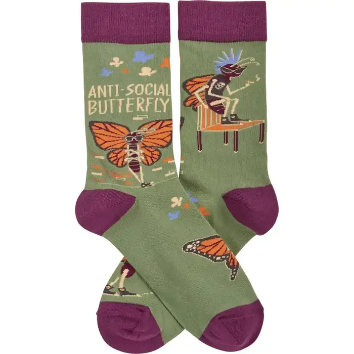 Anti-Social Butterfly Funny Socks in Purple Unisex