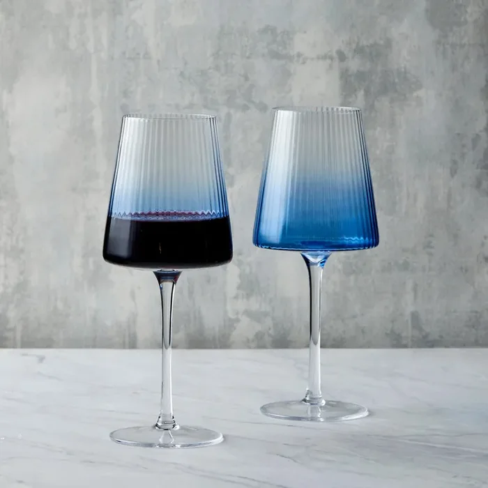 Anton Studio Designs Empire Blue Ribbed Wine Glasses, Set of 2