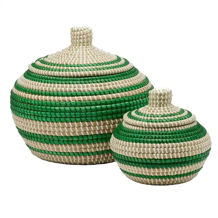 Arley Seagrass Baskets With Lid (Green/Natural) Set/2