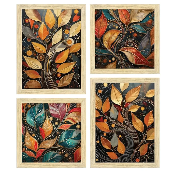 ArtX Paper Golden Mystic Leaves Art Paintings With Frame Set of 4