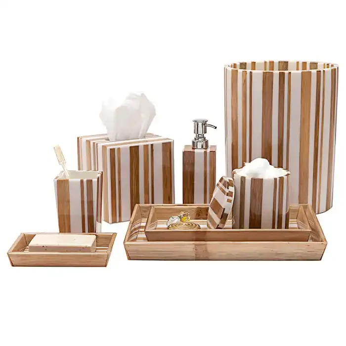 Ashford Striped Brown Bamboo/White Resin Bathroom Accessories