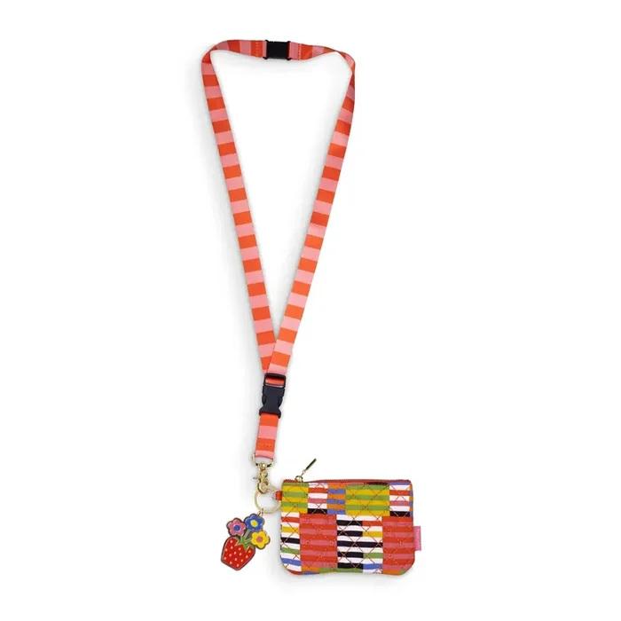 Ban.do Zip ID Lanyard in Black Stripe with Charm Badge Holder Zippered Pouch with Keychain