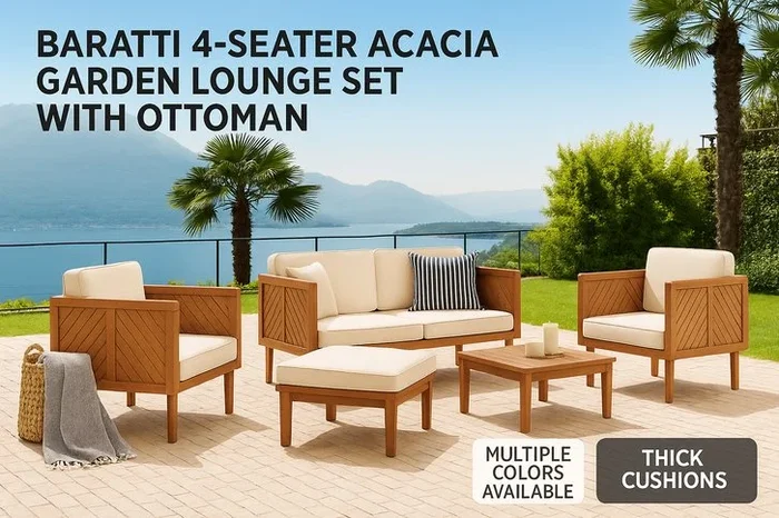 BARATTI 4-Seater Acacia Garden Lounge Set with Ottoman – Modern Outdoor Sofa, Solid Wood, UV Resistant