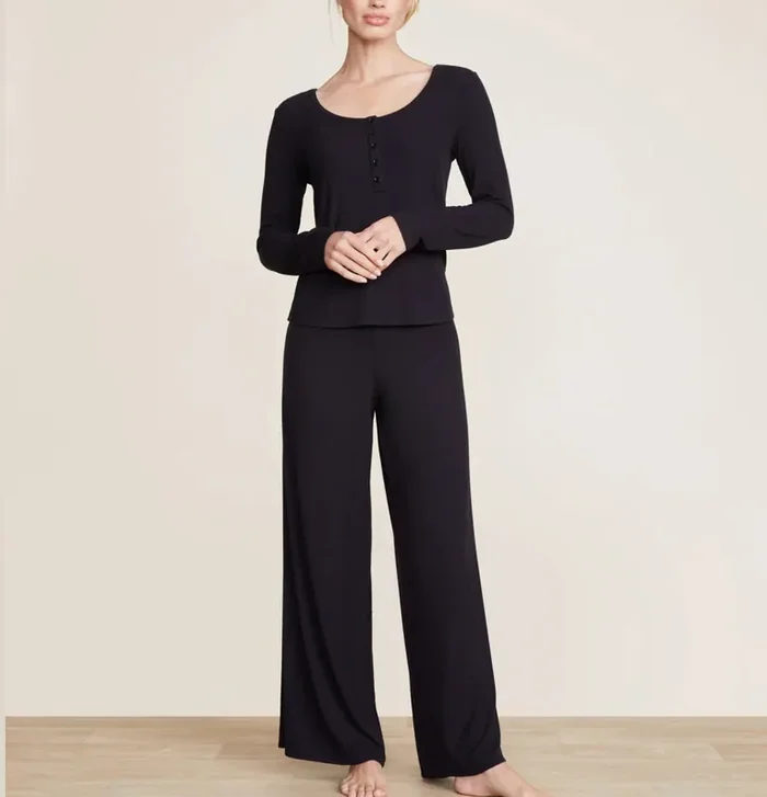 *Barefoot Dreams Black Ultra-Soft Rib Long Sleeve Henley Malibu Collection®