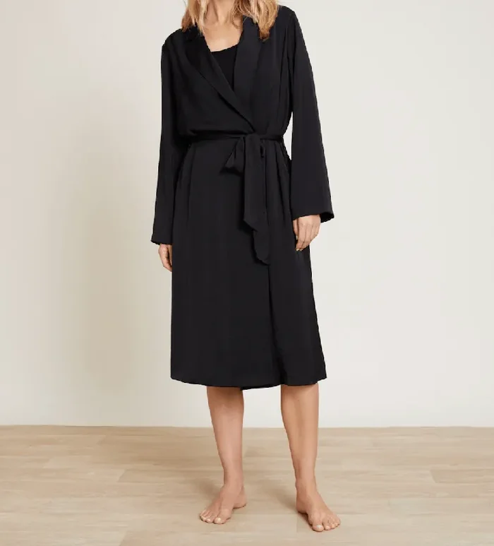 Barefoot Dreams Washed Satin Notch Collar Robe – Black