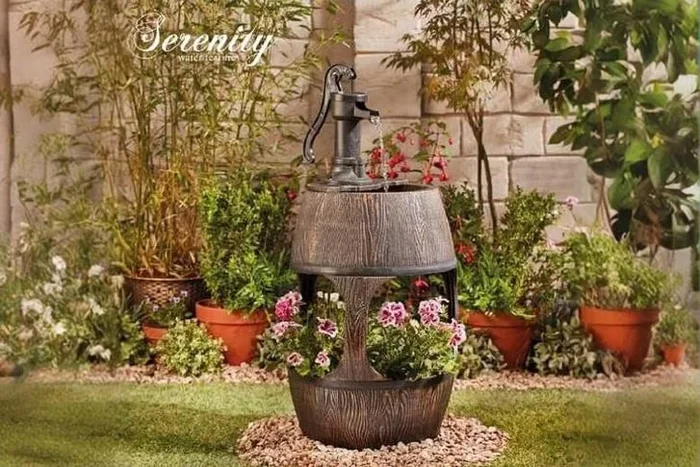 Barrel Fountain Planter – Rustic Outdoor Decor