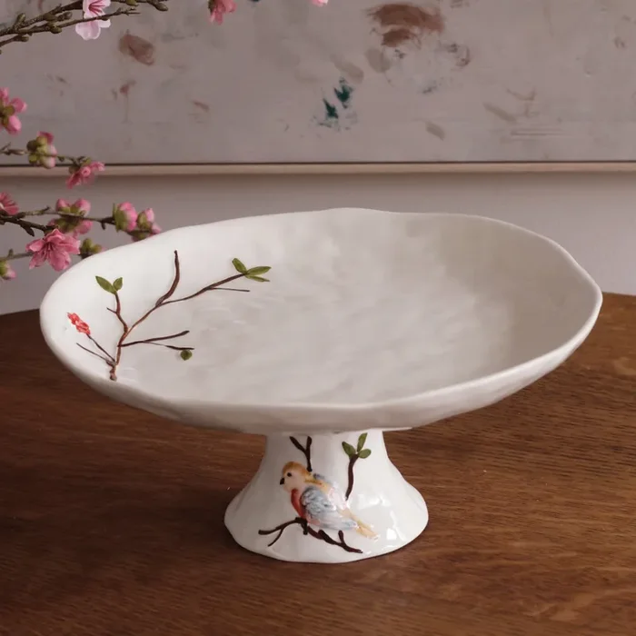 Beatriz Ball Ceramic Bird on Branch Pedestal Cake Plate