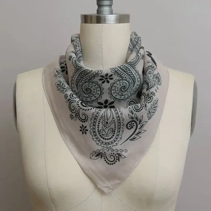 Beige Paisley Floral Patterned Bandana Unisex Boho Neck Scarf