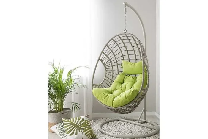 Beige Weather-Resistant PE Rattan Hanging Egg Chair with Stand – Modern Outdoor Swing, Plush Cushions