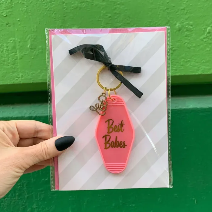 Best Babes Motel Style Keychain with Birthday Greeting Card Gift for Her