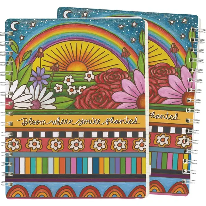 Bloom Where You‘re Planted Spiral Notebook Woodburned Flowers & Rainbow Designs Journal