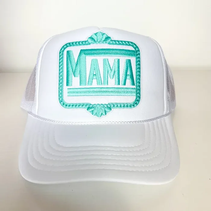 Blue Mama Retro Scroll Patch Puff Trucker Hat • White