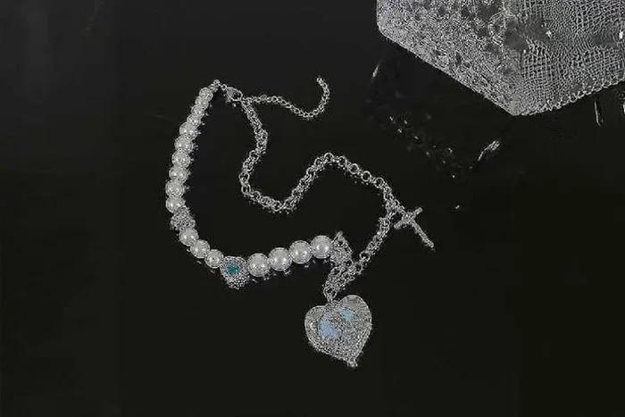 Blue Pearl Heart Pendant Necklace – Alloy, Adjustable, Hip Hop Statement