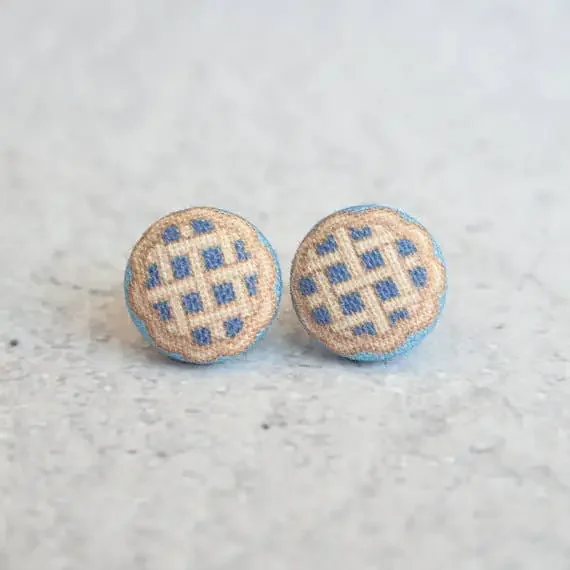 Blueberry Pie Fabric Button Earrings Handmade in the US