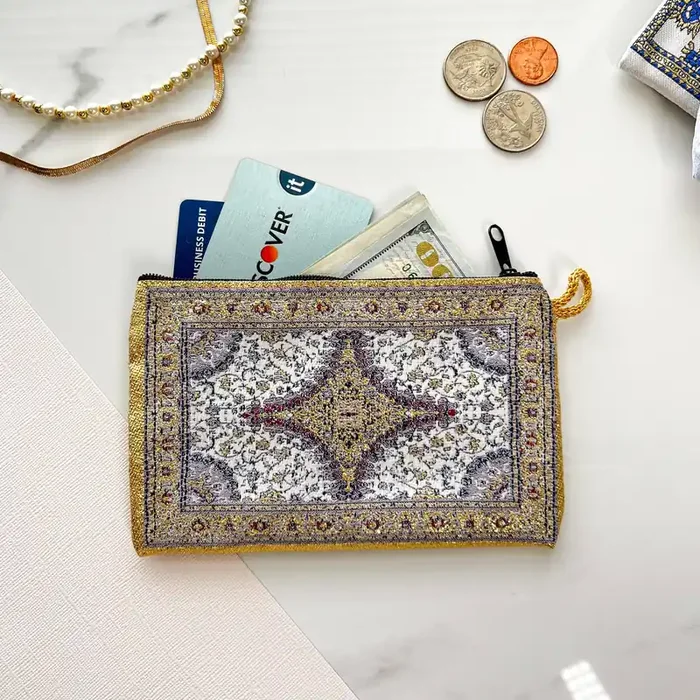 Boho Fabric Pouch Cute Coin Purse Handmade Pouch Wallet Zippered Organizer Handmade in Turkey 4″ x 5″