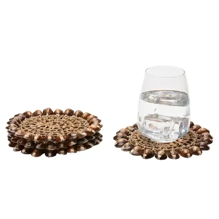 Bondi, Natural Cowrie Shell/Brown Pandan Leaf Round Coasters, Set Of 4