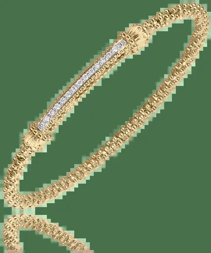 Bracelet- 2mm 14kt yellow gold bangle bracelet braided with diamond bar