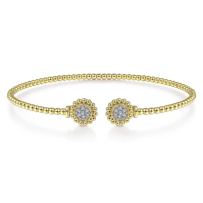 Bracelet flex cuff diamond clusters at ends 14kt yellow gold