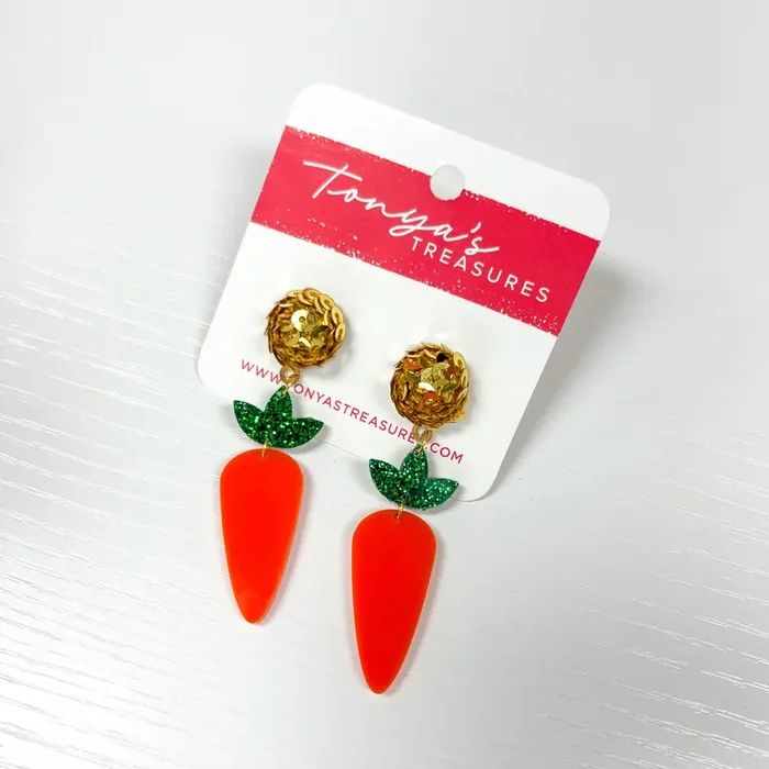 Bunny Snack Carrot Acrylic Earring • Green Glitter