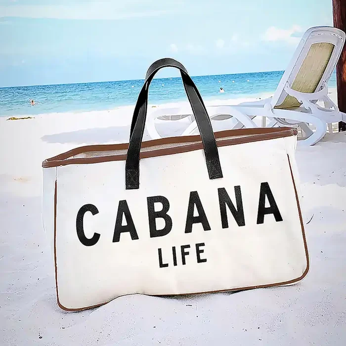 Cabana Life Canvas Rectangular Tote Genuine Leather Handles Carry-all Beach Bag 20″ x 11″