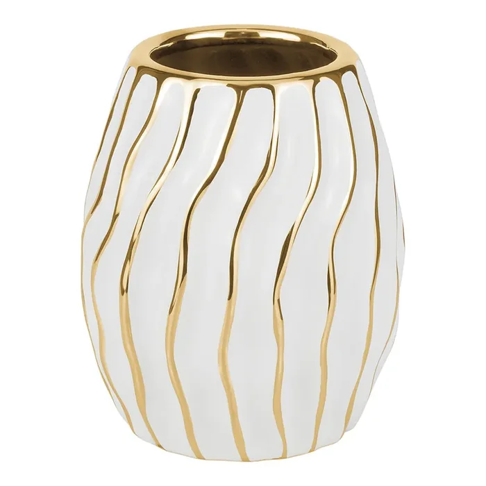 Caesarea Short White Porcelain Vase with Gold Wavy Design
