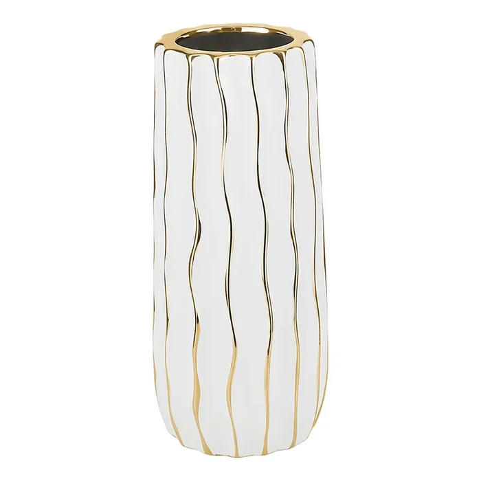 Caesarea Tall White Porcelain Vase with Gold Wavy Design
