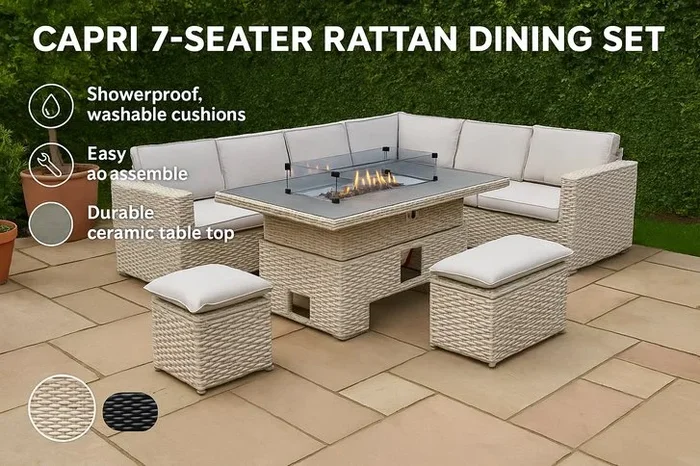 Capri 7-Seater Weatherproof Rattan Dining Set with Rising Fire Pit Table