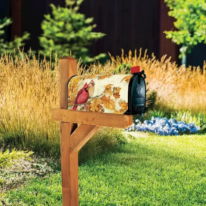Cardinals in Fall Oak Leaves Mailbox Wrap