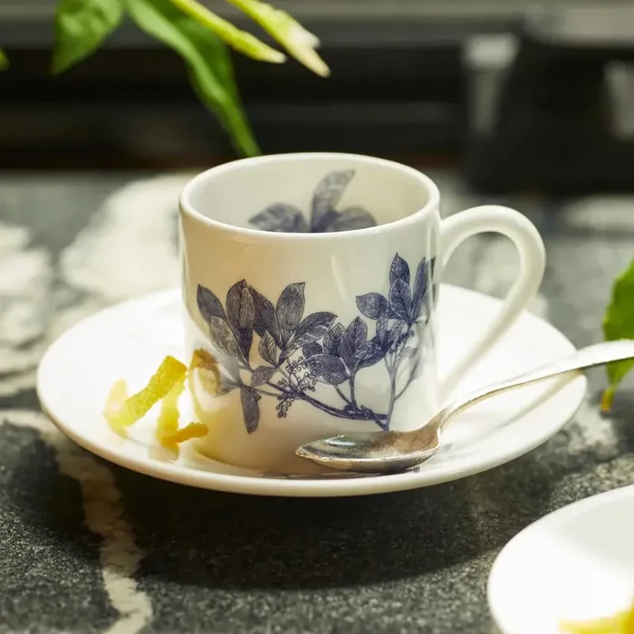 Caskata Arbor Espresso Blue Cups & Saucers, Set of 2