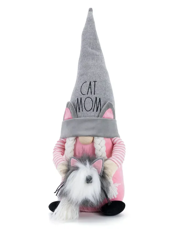 “Cat Mom” Freestanding Pink Plush Cat Gnome