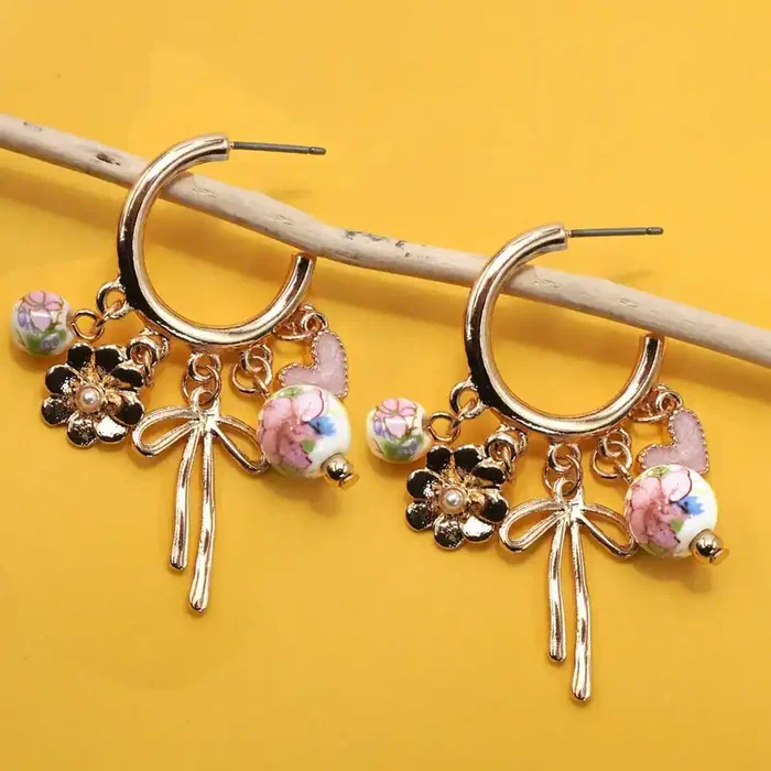 Ceramic Porcelain Coquette Bow Flower Charm Drop Hoop Earrings in Gold Plating 2″ Long