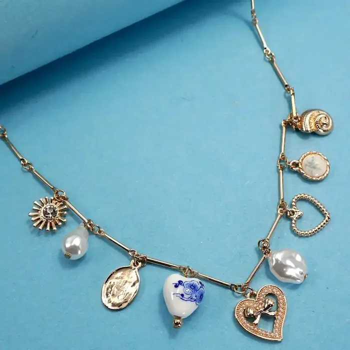 Ceramic Porcelain Heart Pearl Charm Necklace in Gold Plating 16″ Long