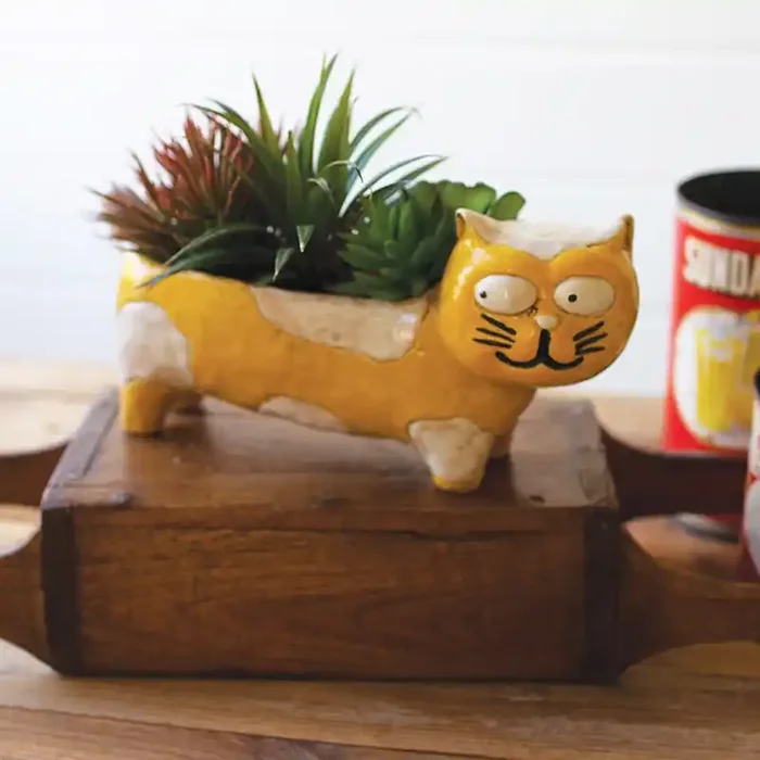 Ceramic Yellow And White Cat Planter