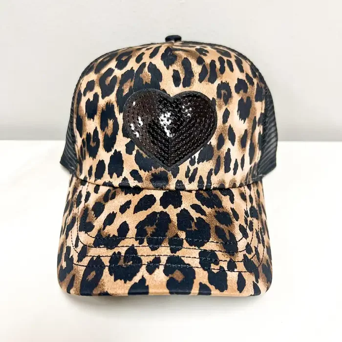 Cheetah Sequin Heart Trucker Hat • Black
