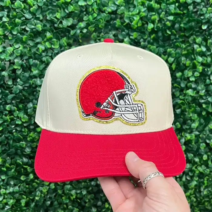 Chenille Helmet Trucker Hat • Red + Tan