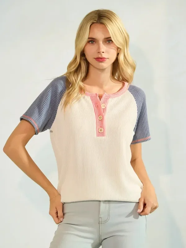 Color Block Button Front Raglan Short Sleeve Top