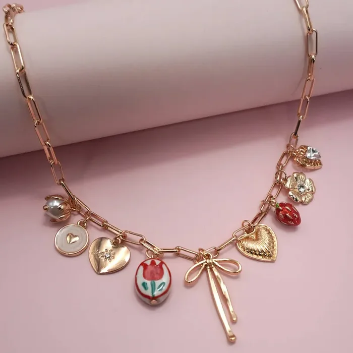 Coquettecore Bow Tulip Strawberry Toile Charm Necklace in Gold Plating with Red Accents 16″ Long Paper Clip Style Chain