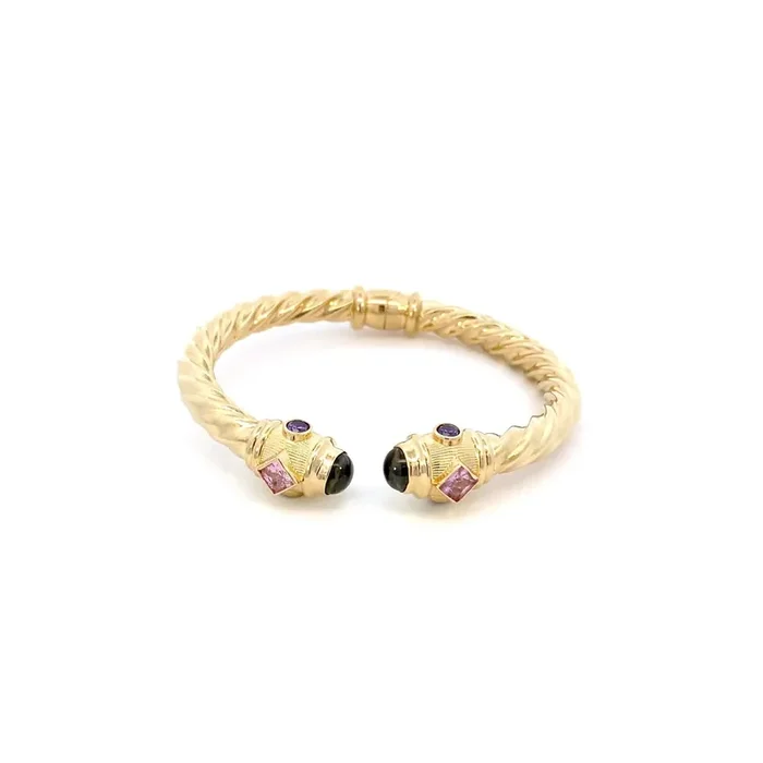 Cuff bangle with multi color top end caps, twist textured, hinged, 14kt yellow gold