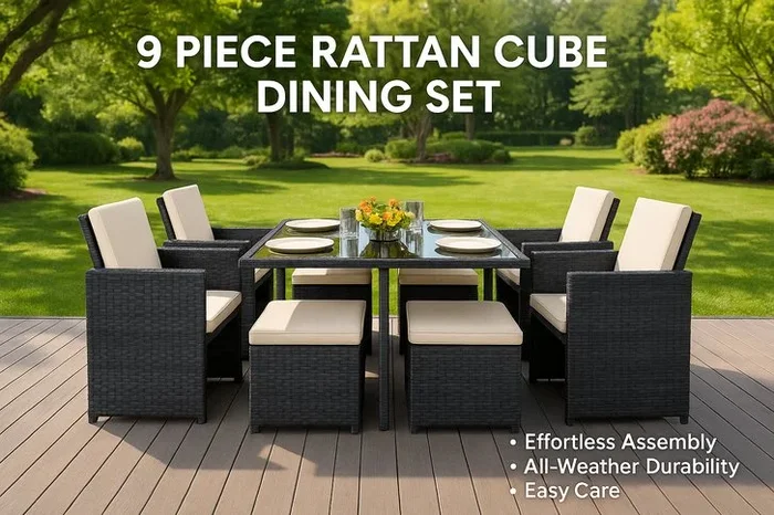 Deluxe 9 Piece Rattan Cube Dining Set