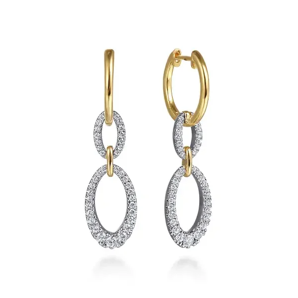 Diamond drop earrings with 2 ovals of diamonds dropping from a hoop 2-tone karat gold by Gabriel