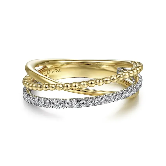 Diamond Ring 3 Thin Row Overlap 14kt Yellow Gold and White Gold – Gabriel & Co.
