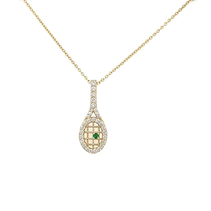 Diamond tennis racket pendant with emerald 14kt yellow gold
