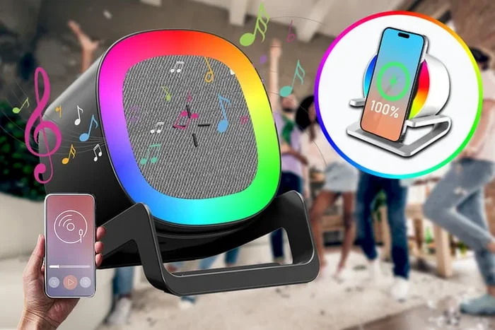 Dynamic Creative Bluetooth Speaker & Wireless Charger – Dual Delight!