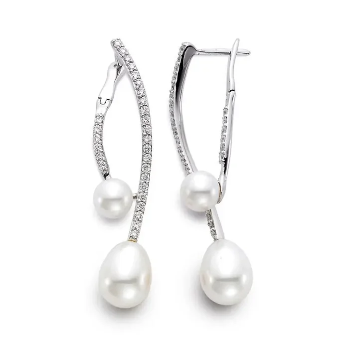 Earrings drop style with large & small pearls & diamond V 18kt white gold-mastoloni