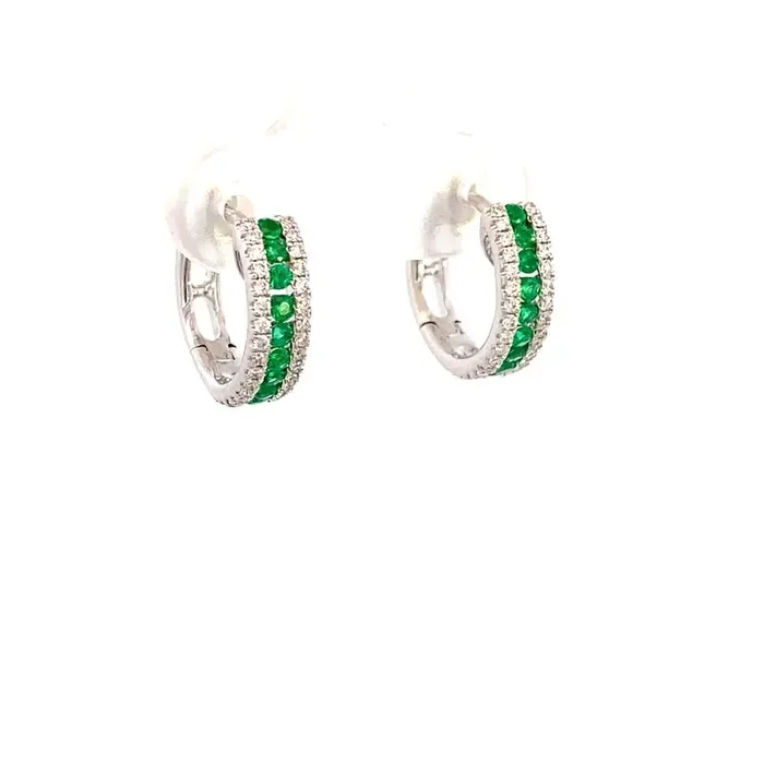 Earrings-emerald & diamond huggies 14kt white gold