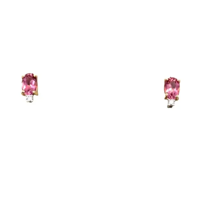 Earrings- oval pink tourmaline & diamond studs 14kt yellow gold
