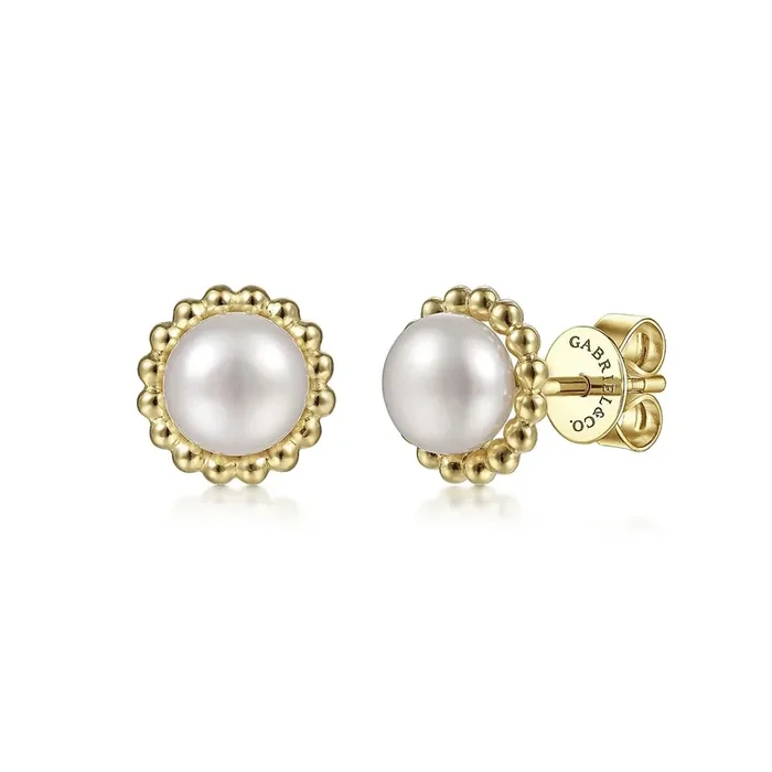 Earrings pearl stud with bead border 14kt yellow gold
